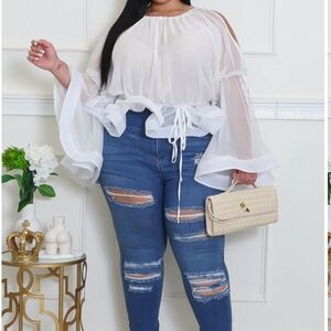 White Sheer Blouse with Ruffled Hem